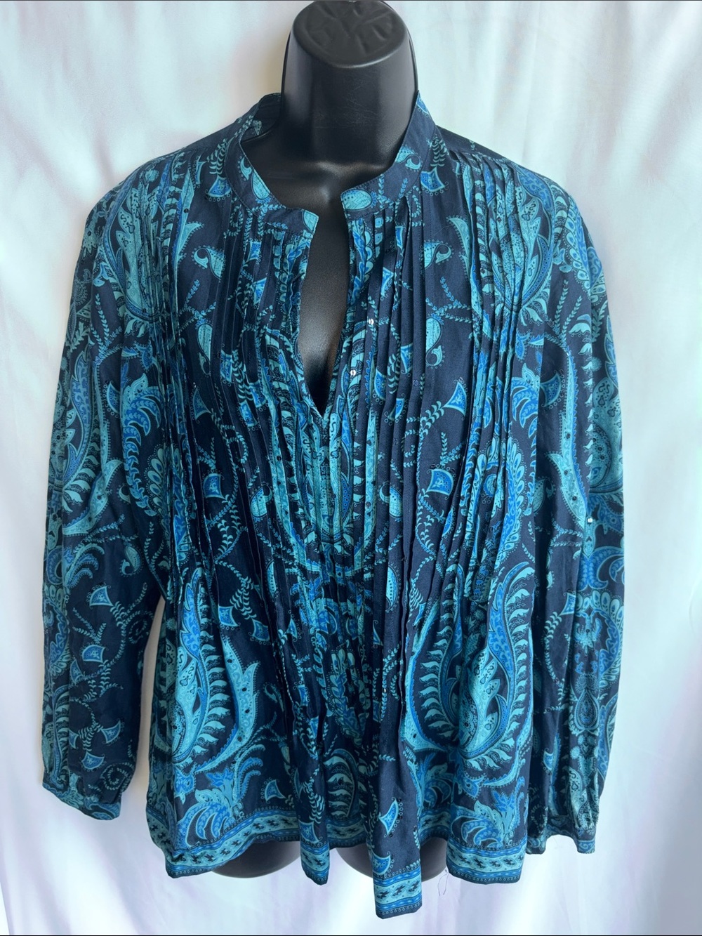 Talbots Paisley Long Sleeve Turquoise Tunic, 20” PTP, 27” L